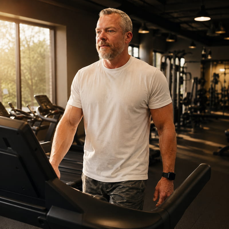 A person walking slowly on a treadmill in an empty gym, calm and unhurried pace, warm ambient lighting, representing the intentional active recovery period that keeps the habit alive while giving the muscles the rest they need