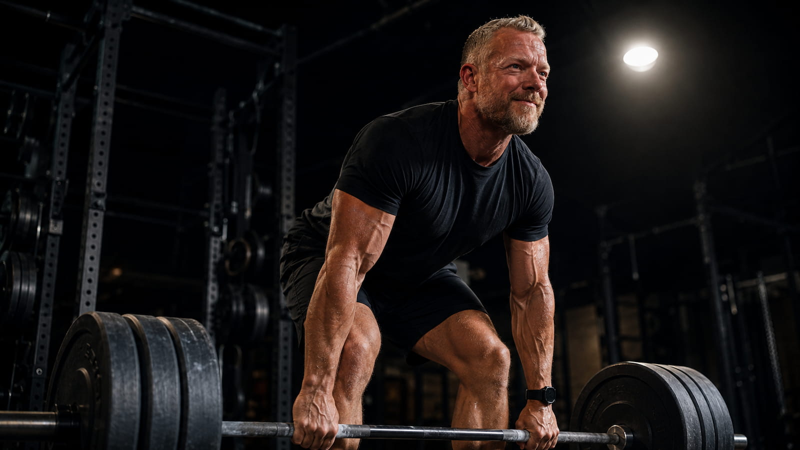 A fit person mid-lift performing a barbell exercise with strong form and clear energy, focused and capable expression, dramatic gym lighting, representing the measurable strength and vitality that returns after a well-timed period of intentional rest and recovery