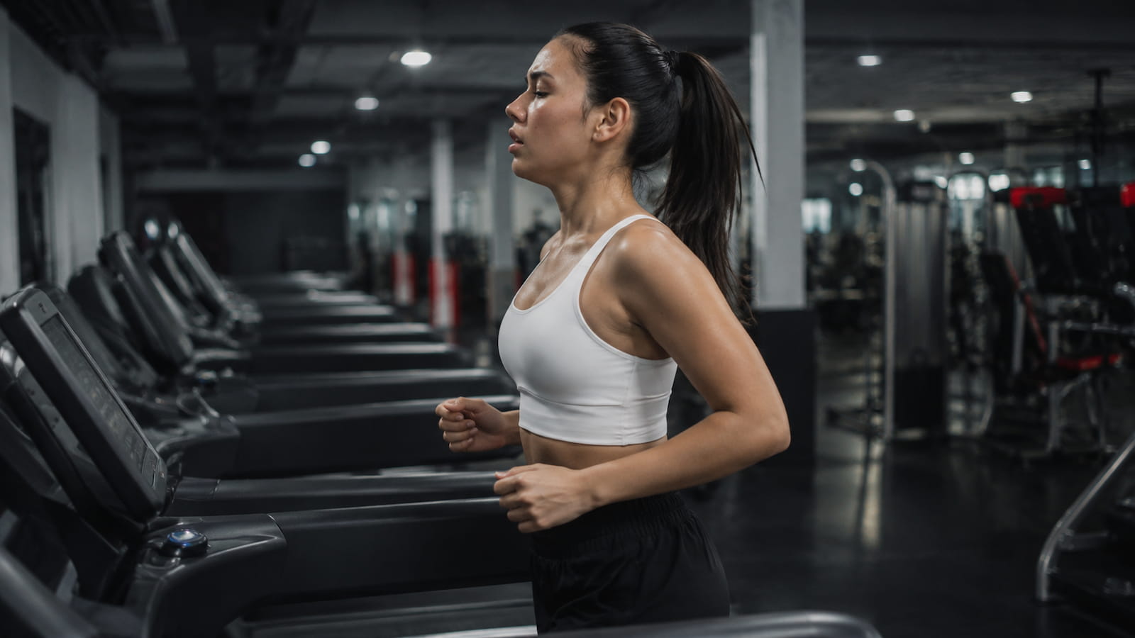 A person running on a treadmill in a gym, expression showing effort and fatigue rather than enjoyment, representing the frustrating experience of doing cardio without seeing weight loss results