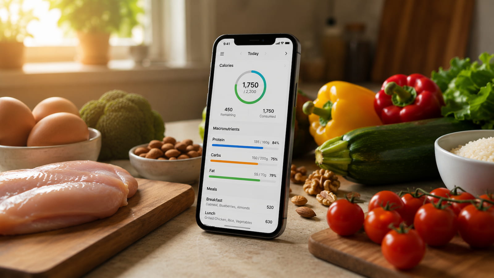 A person tracking their food intake on a smartphone app with healthy whole foods arranged on a kitchen counter nearby, representing the nutrition-first approach to sustainable fat loss