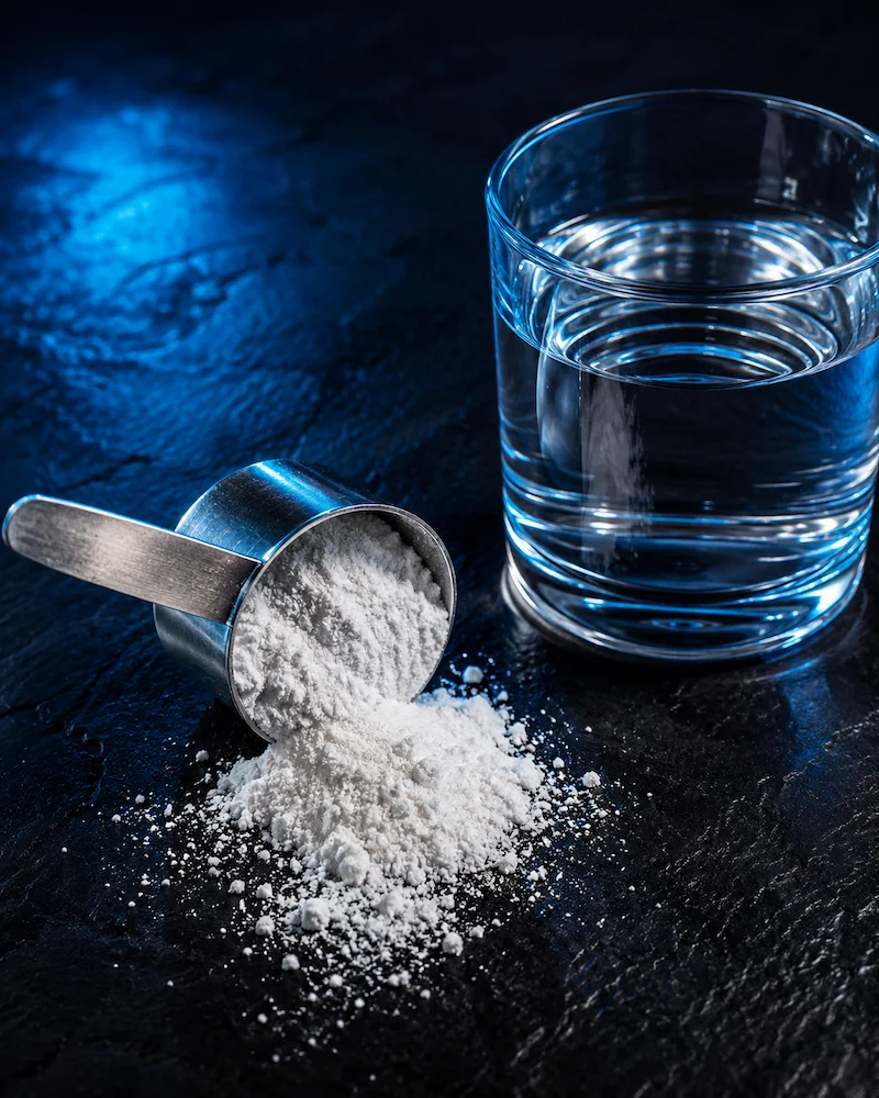 Creatine monohydrate powder with scoop and water — the only form worth buying