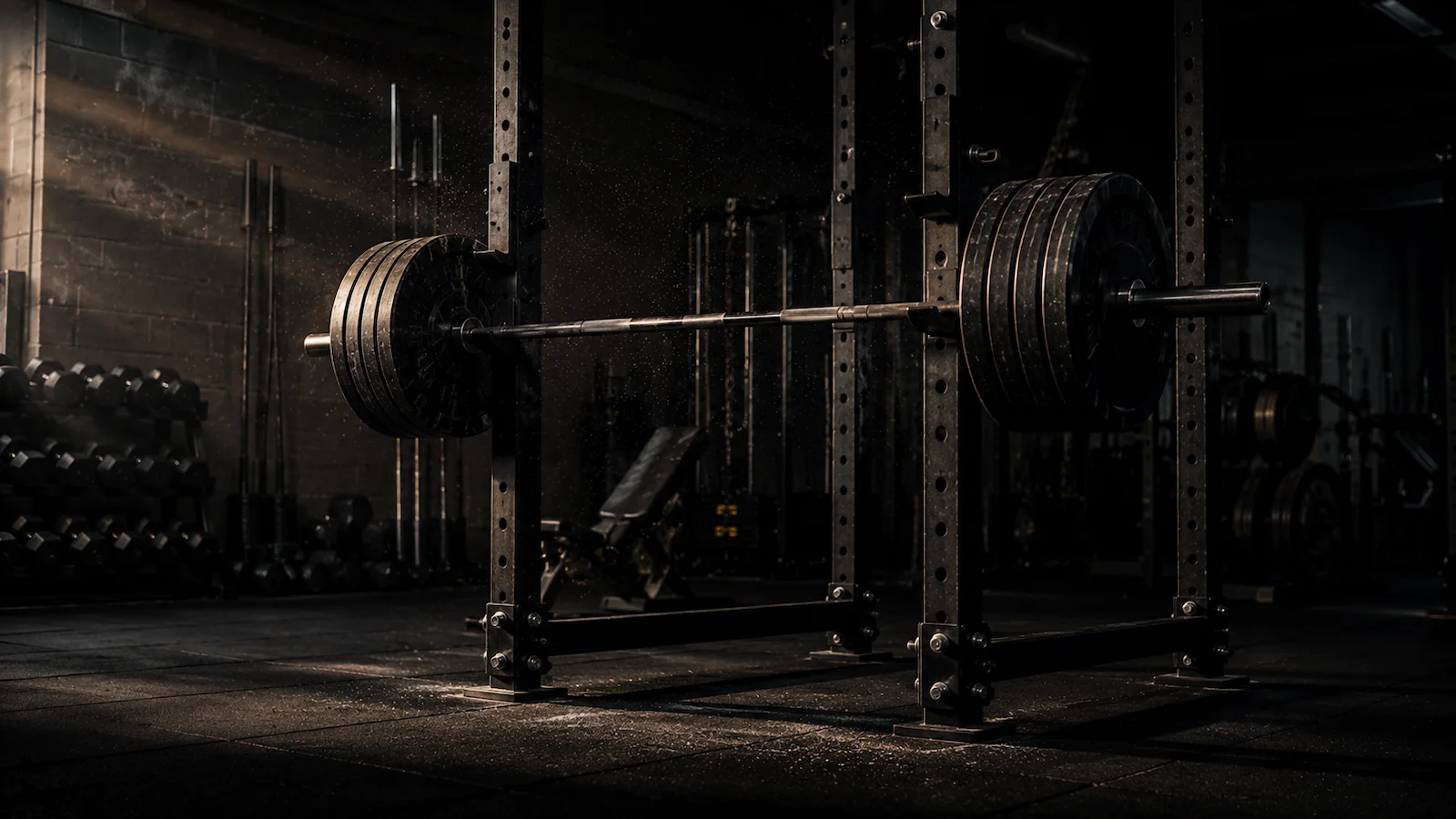 Heavy barbell on a rack representing the strength gains creatine supports