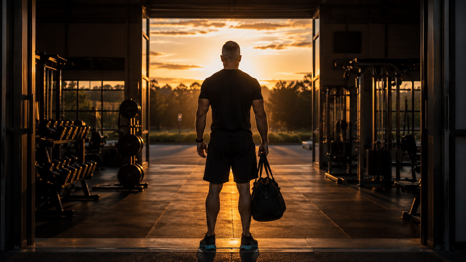 athletic man walking out of a sunset lit gym feeling accomplished