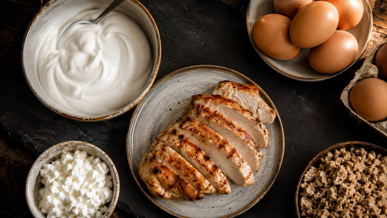 An overhead flat lay of high-protein whole foods — grilled chicken, eggs, Greek yogurt, and cottage cheese arranged on a dark surface with natural light, representing the protein-first nutrition strategy essential for muscle preservation during GLP-1 medication use