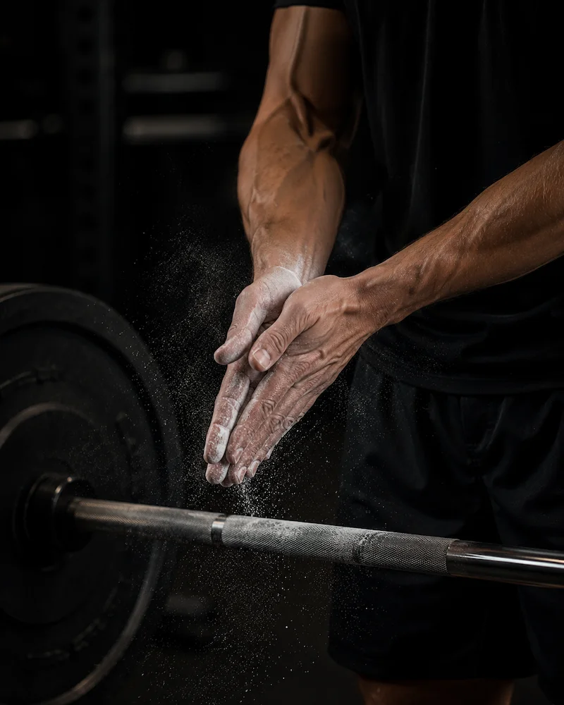 Chalking up hands before a lift — focused preparation over performance