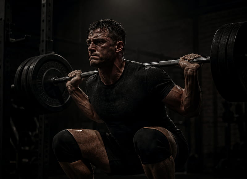 athletic man performing heavy barbell squat
