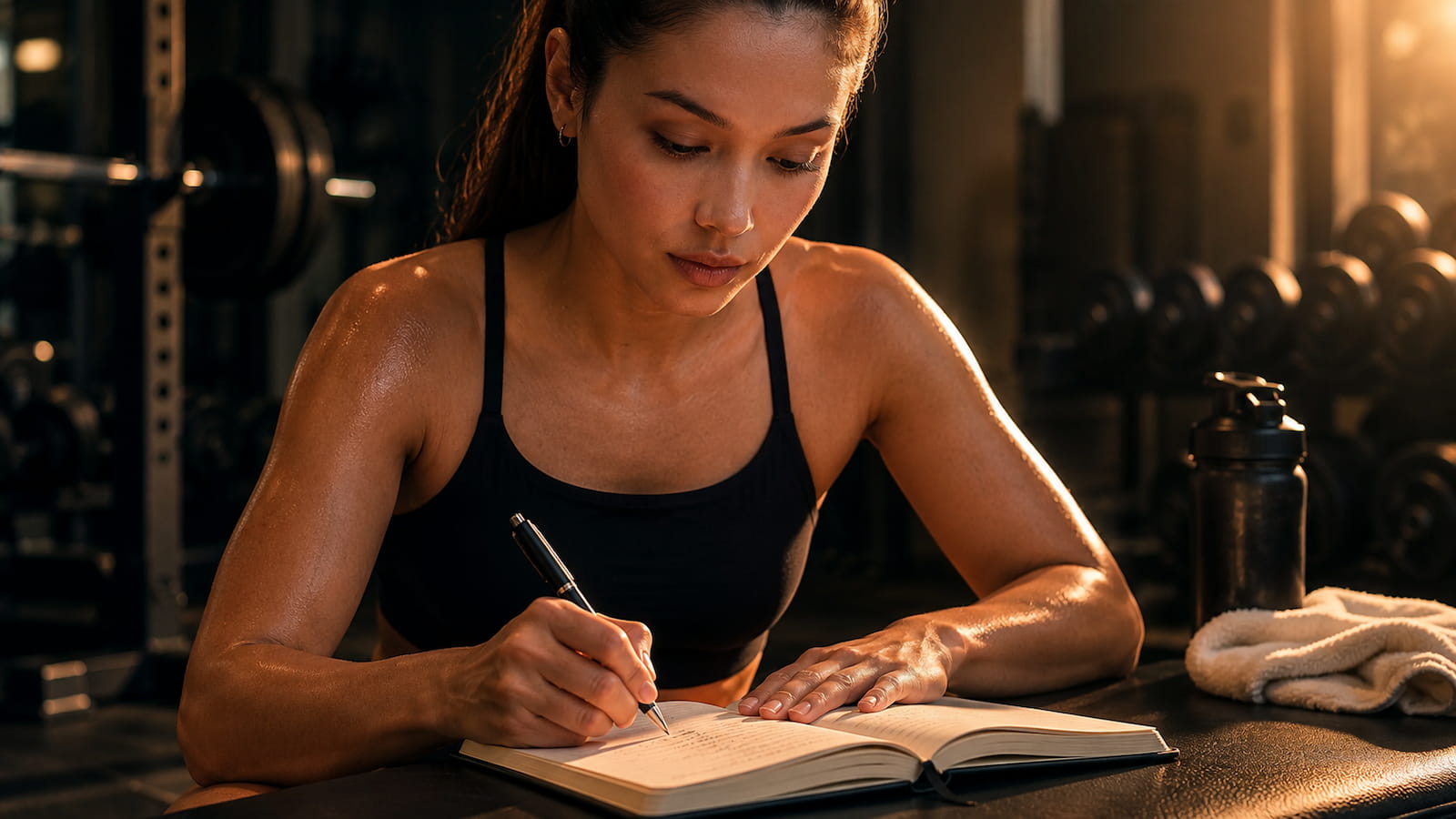 A woman's hand writing in a journal with focused intent, warm light illuminating the page, gym visible in the soft background, representing the act of writing and committing to a chief definite aim as Napoleon Hill described
