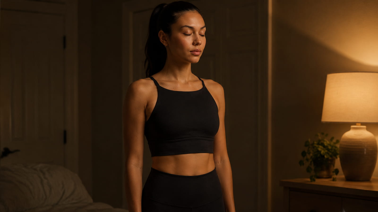 An athletic woman standing alone in early morning darkness before leaving their home, eyes closed, hands at their sides, in a moment of focused intentional thought — representing Napoleon Hill's five-minute morning auto-suggestion practice