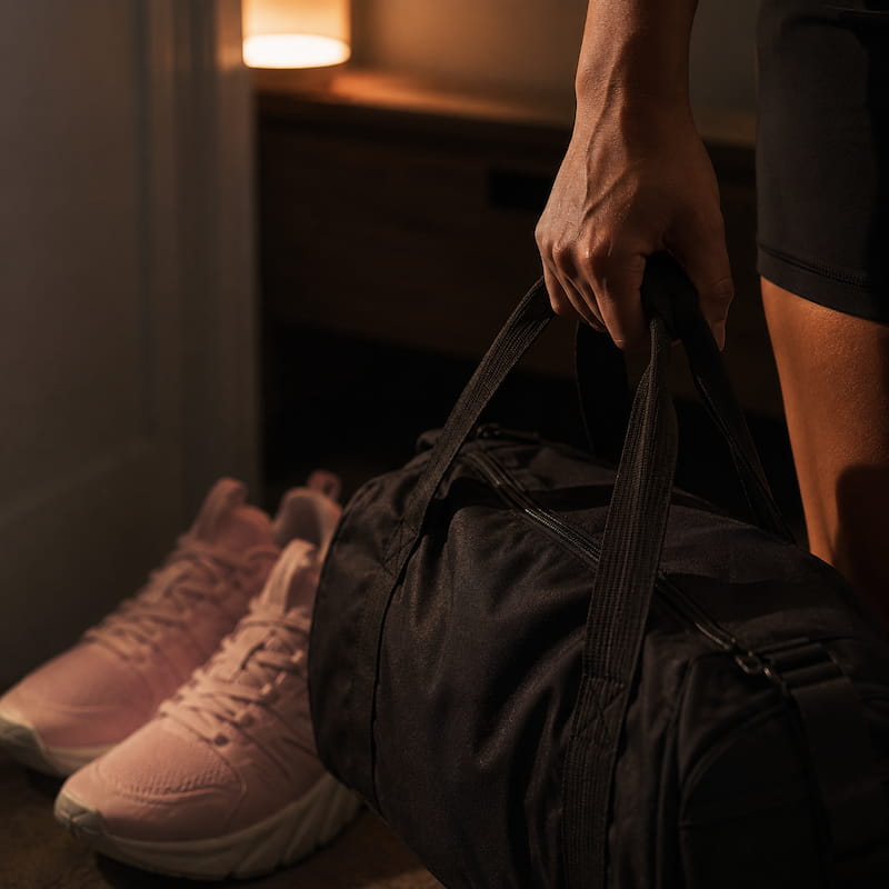 A close up of a woman's hand gripping a gym bag handle in early morning low light, gym shoes visible beside them on the floor, representing the daily act of self-discipline that bridges good intentions with real action