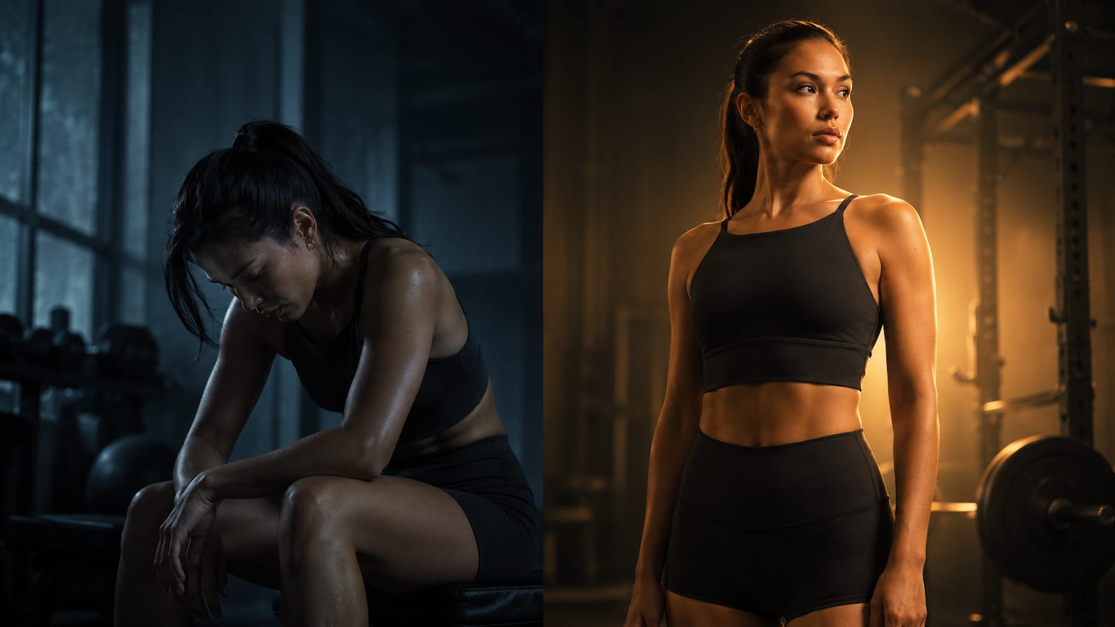 A dramatic split scene showing two contrasting figures — one slumped and defeated in dim light, one standing tall and resolute in warm focused light — representing Napoleon Hill's two kinds of people and the power of mental attitude