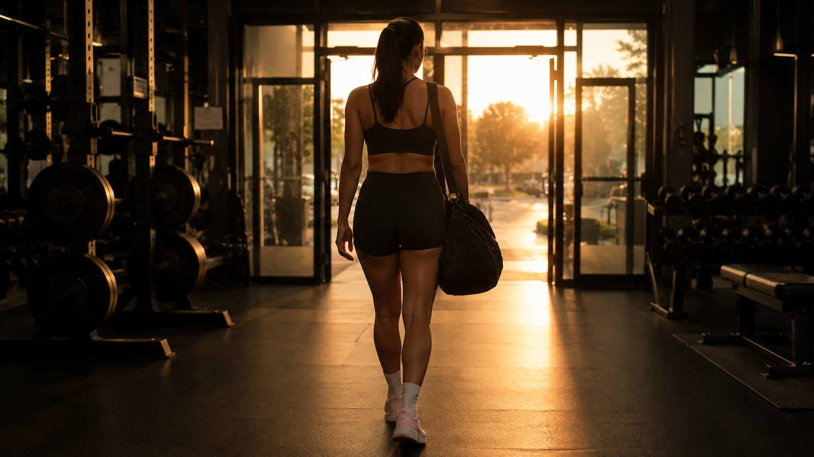 A fit woman walking purposefully into a gym alone at dawn, determined posture, warm light spilling through the entrance, representing the daily act of rewriting your self-concept through consistent action