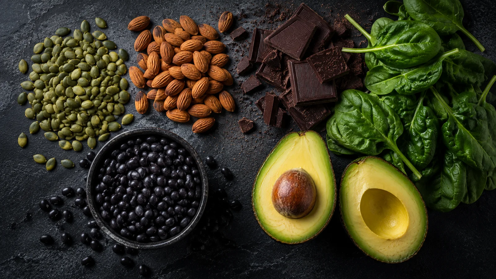 Magnesium rich foods including dark leafy greens nuts seeds and dark chocolate