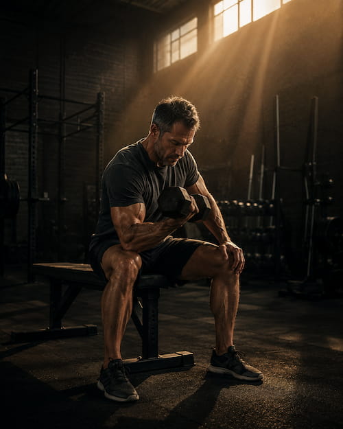 athletic man in mid-forties curling dumbbell in an industrial gym