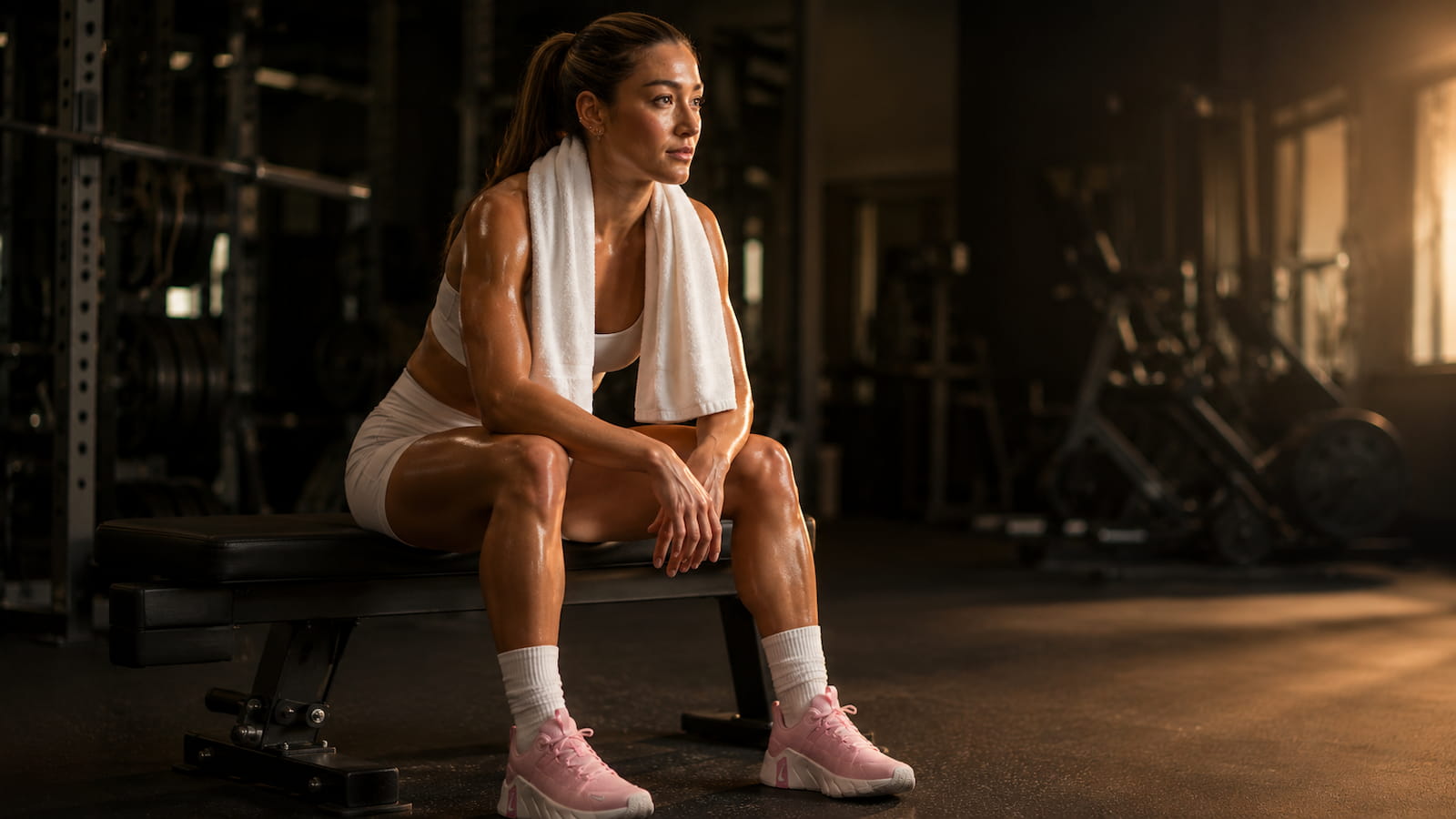 A fit woman sitting quietly on a gym bench after finishing a workout, towel over their shoulders, calm and satisfied expression, gym in the background, representing the earned feeling that follows showing up on the hard days