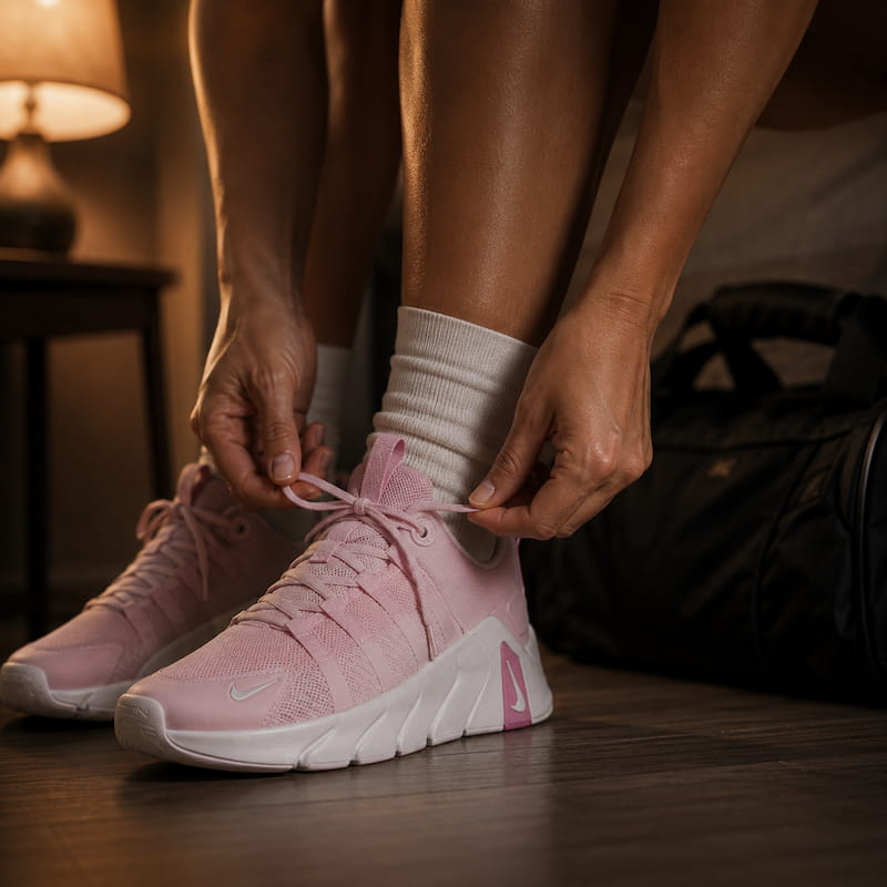 A woman lacing up their athletic shoes on the edge of a bed in early morning low light, gym bag visible nearby, representing the quiet daily decision to show up before motivation arrives