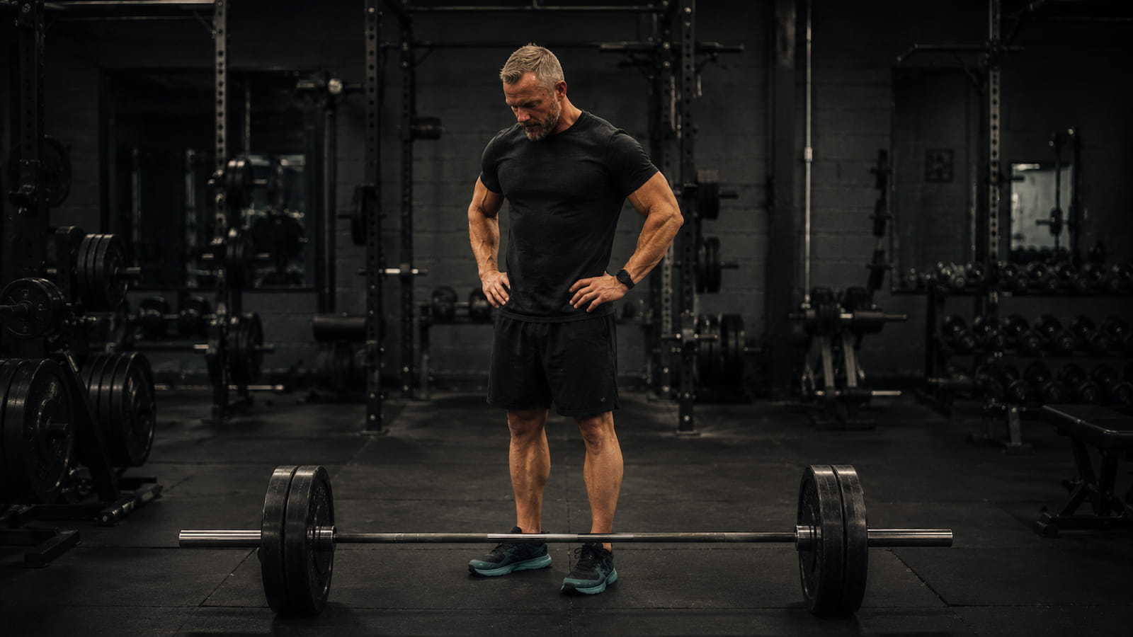 athletic man looking defeated standing over barbell after hitting lifting plateau