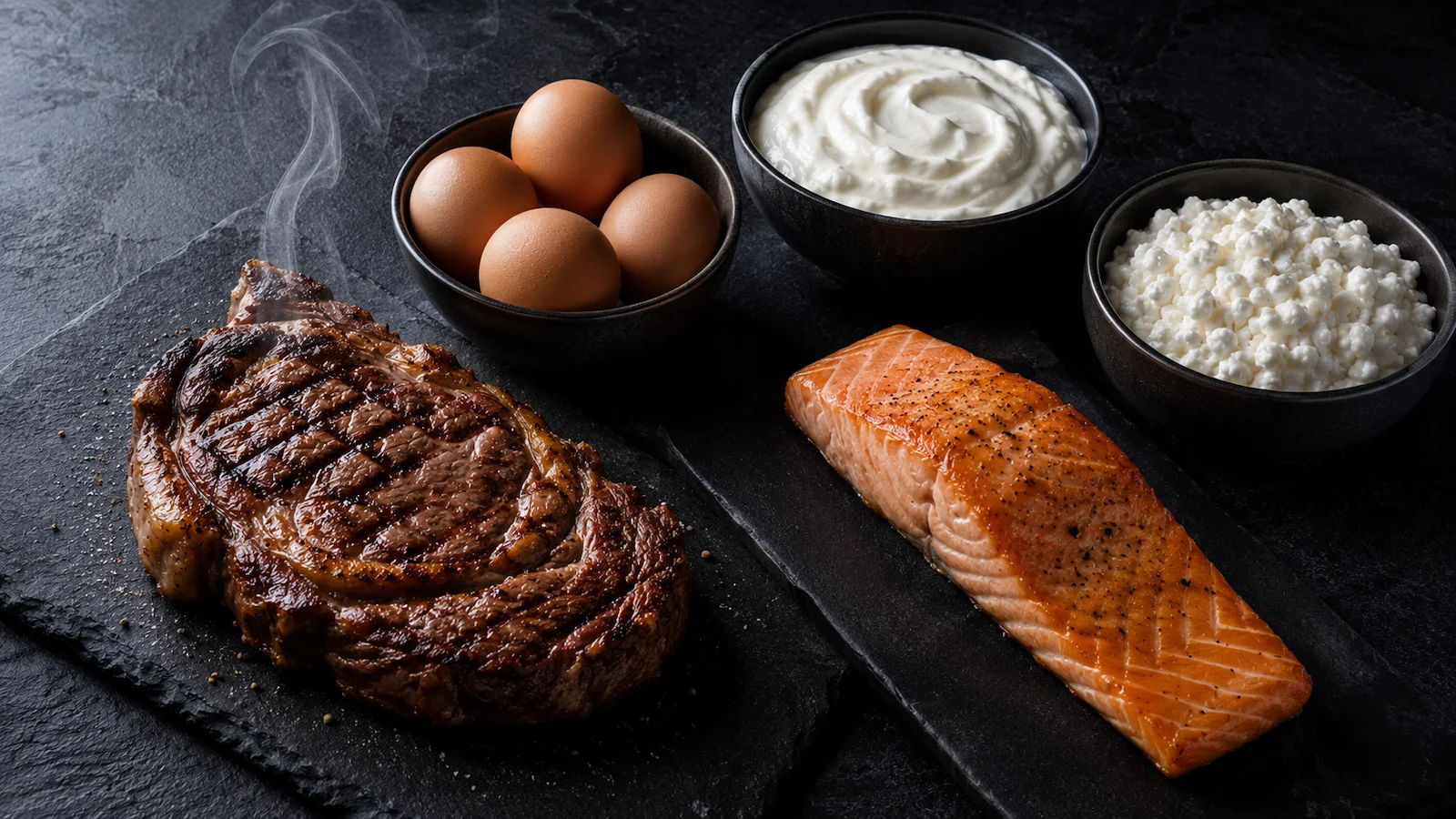 High protein foods including steak eggs and Greek yogurt support muscle protein synthesis
