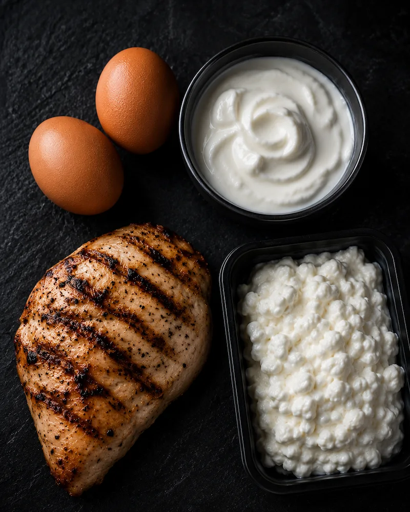 Protein sources including eggs chicken Greek yogurt and cottage cheese