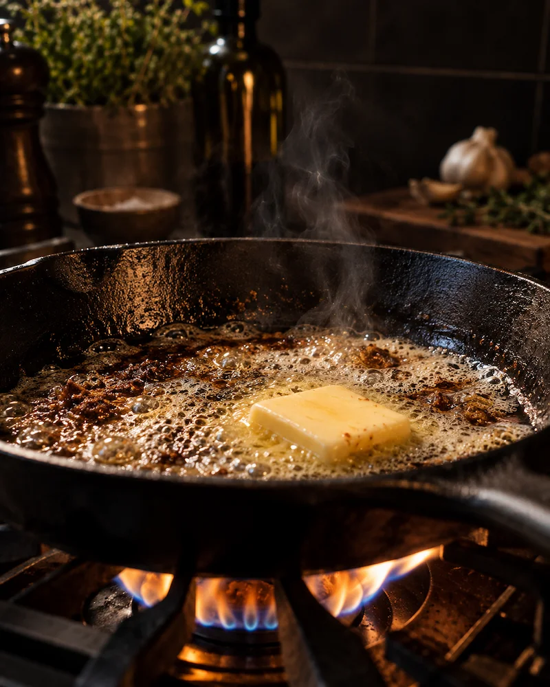 Cooking with butter in a cast iron pan — saturated fats are more stable at high heat