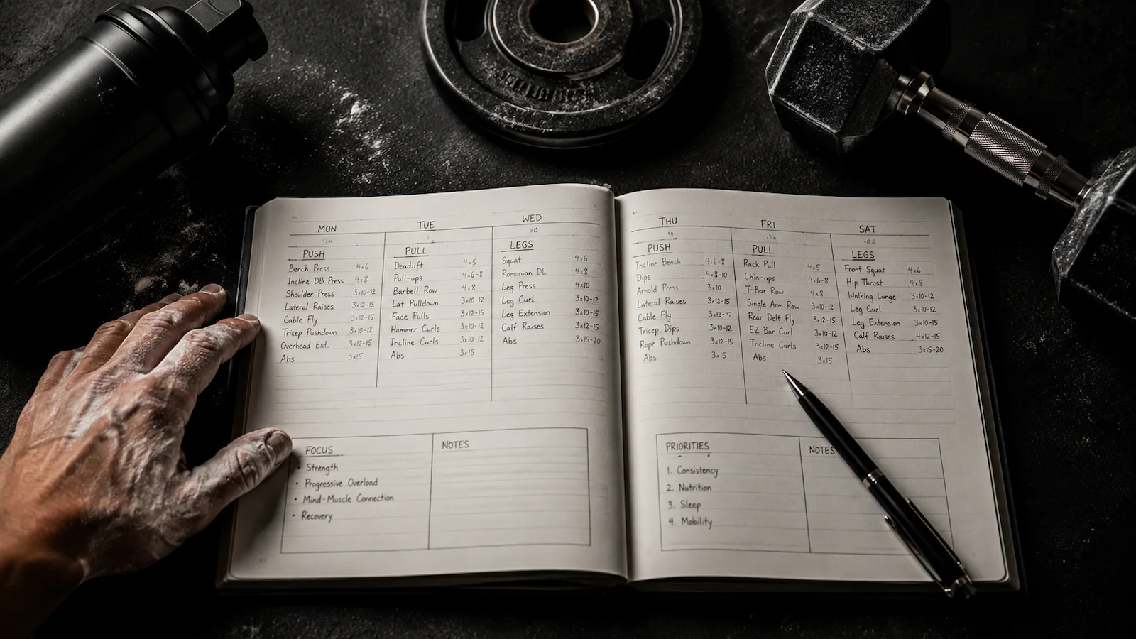 A structured weekly training split written in a workout log on a dark surface