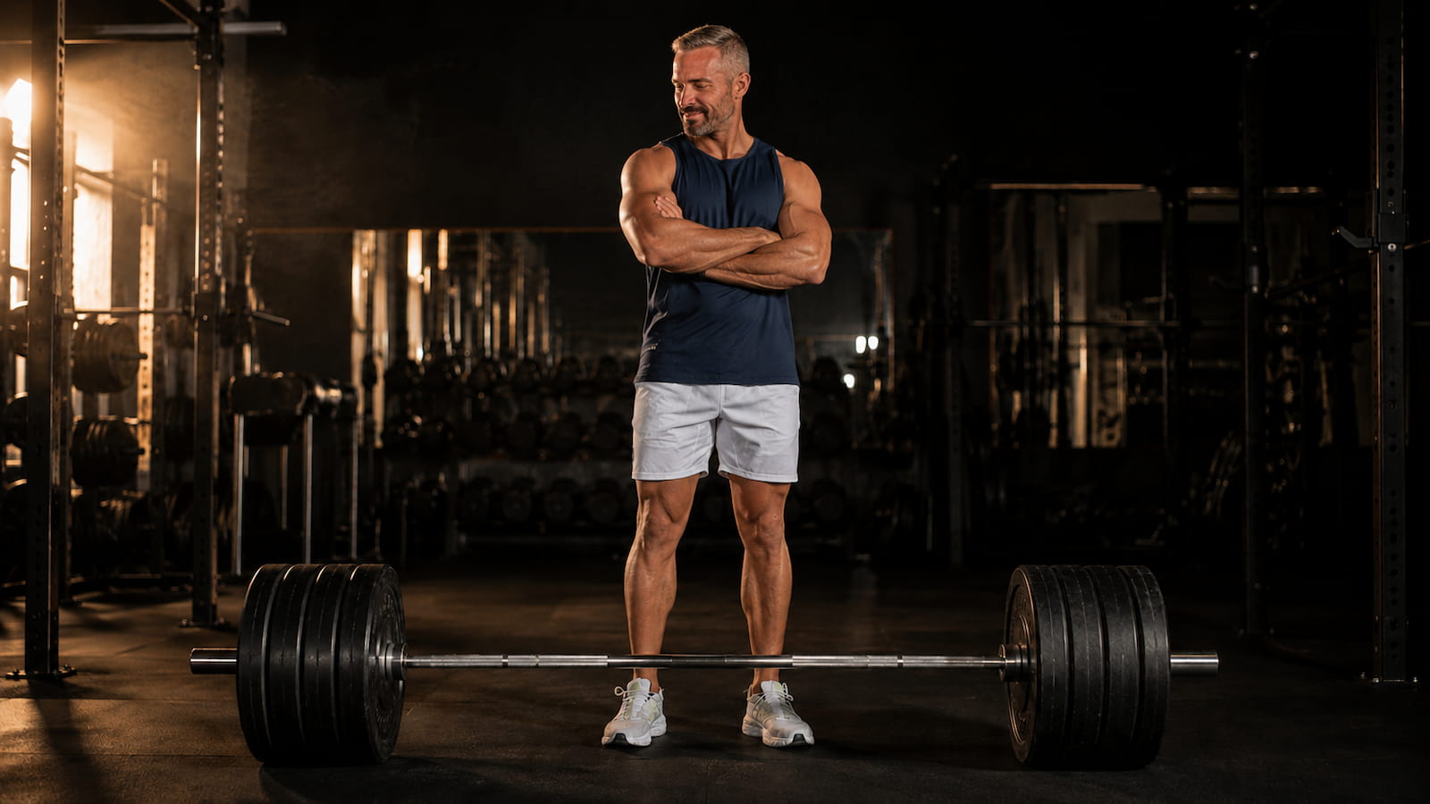 athletic man standing over heavy loaded barbell for progressive overload