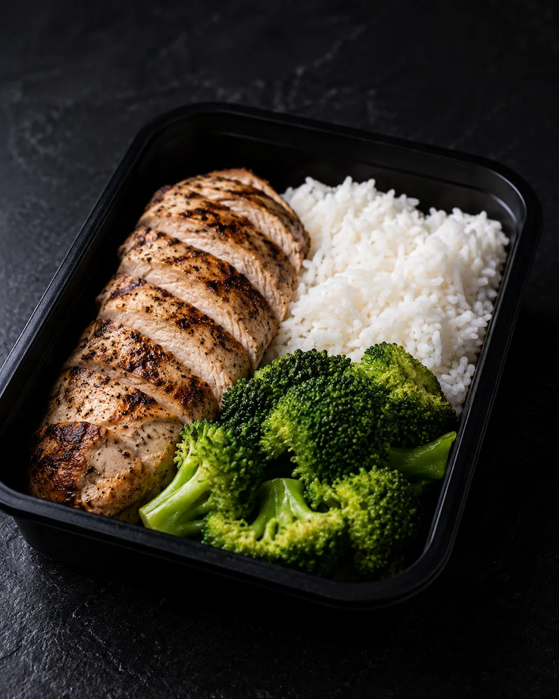 High protein meal prep with chicken rice and vegetables for muscle recovery